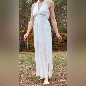 Elegant Maxi Dress, Deep V Neck Halter, Backless, White